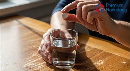 Рука держит белую таблетку над стаканом воды